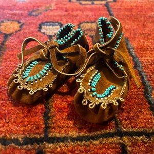 Vintage Leather Newborn Moccasins with Turquoise Beads